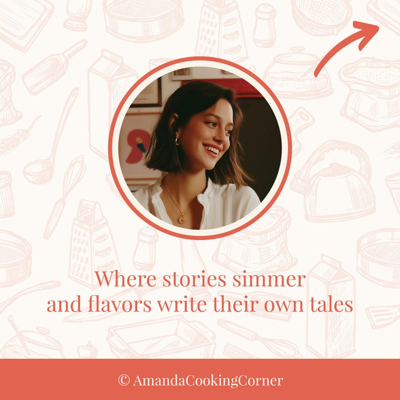 May include: A smiling person in a white shirt is framed in a red circle, with a background of cooking utensils. Text reads, "Where stories simmer and flavors write their own tales." The image is from AmandaCookingCorner.