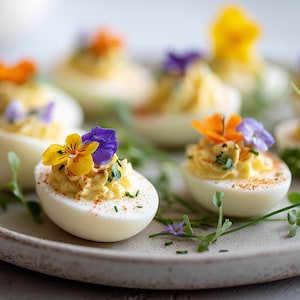Può includere: Primo piano di uova ripiene guarnite con fiori eduli. Le uova sono tagliate a metà e riempite con un composto di tuorlo giallo, cosparso di paprika e erba cipollina, e sormontate da fiori gialli, arancioni e viola. Le uova sono disposte su un piatto grigio chiaro.