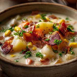 May include: A close-up shot of a creamy soup in a rustic bowl. The soup is filled with chunks of potatoes, corn, carrots, and crispy bacon, garnished with fresh parsley. The colors are warm and inviting.
