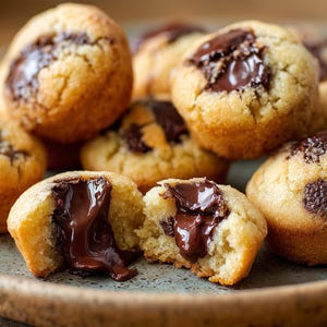 Könnte beinhalten: Nahaufnahme von mehreren goldbraunen Muffins mit dunklen Schokoladenfüllungen. Ein Muffin ist aufgebrochen und gibt eine geschmolzene Schokoladenfüllung frei. Die Muffins sind auf einem grauen Teller angeordnet.