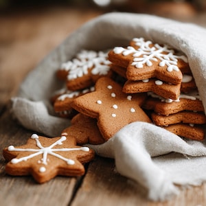 Könnte beinhalten: Lebkuchen in Stern- und Schneeflockenform, verziert mit weißem Zuckerguss. Die Kekse liegen in einem grauen Tuch auf einer Holzoberfläche und erzeugen eine warme, festliche Szene. Die Kekse sind hellbraun.