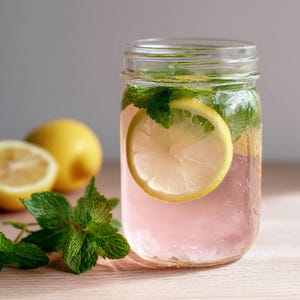 May include: A refreshing pink drink in a clear glass jar, garnished with a lemon slice and fresh mint leaves. A whole lemon and a lemon half are in the background. The drink appears to be a homemade lemonade or infused water.