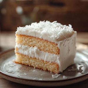 Puede incluir: Una rebanada de pastel en capas con glaseado blanco y cobertura de coco rallado, servida en un plato gris. El pastel tiene un bizcocho amarillo claro y una gruesa capa de glaseado blanco entre las capas. El plato está sobre una superficie de madera.