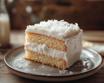 May include: A slice of layered cake with white frosting and shredded coconut topping, served on a gray plate. The cake has a light yellow sponge and a thick layer of white frosting between the layers. The plate sits on a wooden surface.