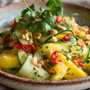 May include: A vibrant salad in a brown bowl, featuring yellow mango chunks, green cucumber ribbons, red chili slices, and chopped cilantro. The dish is garnished with peanuts, creating a colorful and appetizing presentation.
