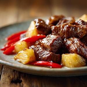 Puede incluir: Primer plano de un plato de comida con trozos de carne estofada, piña y pimientos rojos. La carne es de color marrón oscuro y brillante, la piña es dorada y los pimientos son de color rojo brillante. El plato se sirve en un plato gris.