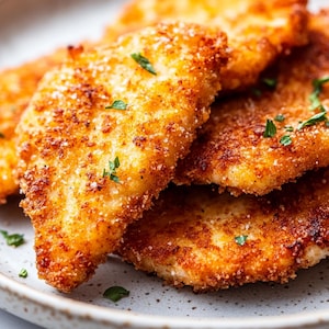 May include: Close-up of golden-brown, crispy fried chicken cutlets, seasoned with herbs and spices. The chicken is arranged on a light gray plate, with visible texture and detail. A delicious and appetizing meal.