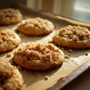 Peut inclure: Gros plan sur des cookies fraîchement cuits sur une plaque de cuisson. Les cookies sont dorés avec une garniture émiettée. La plaque est recouverte de papier sulfurisé, et les cookies sont disposés en rangées.