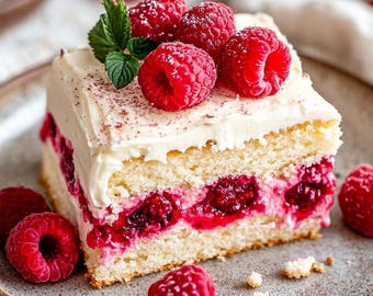 May include: A square slice of cake with layers of white icing and fresh raspberries. The cake is topped with more raspberries and a sprig of mint, presented on a grey plate.