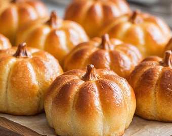 May include: Close-up of several golden-brown pumpkin-shaped rolls with a glossy finish. The rolls are arranged on a wooden cutting board lined with parchment paper, perfect for a fall-themed gathering or autumn celebration.