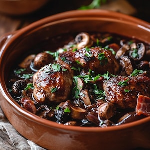 May include: A close-up shot of a brown ceramic bowl filled with a hearty stew. The stew features large, glazed pieces of meat, surrounded by mushrooms and onions in a rich, dark sauce. Fresh green herbs are sprinkled on top.