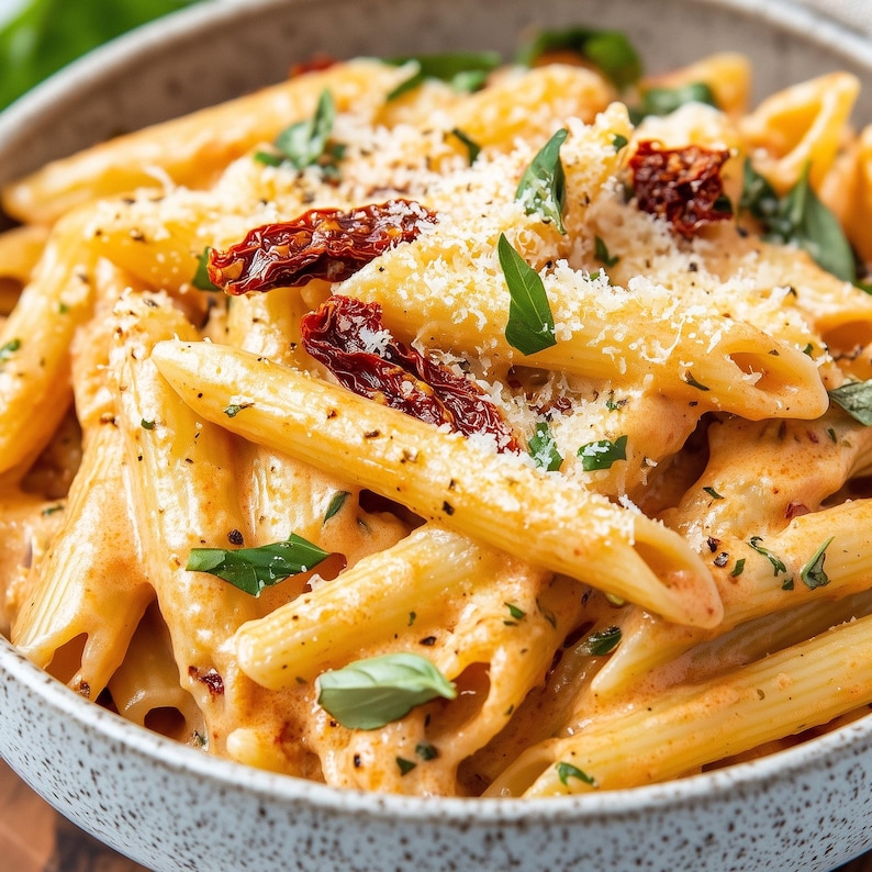 May include: A close-up shot of a bowl filled with penne pasta in a creamy orange sauce. The pasta is topped with grated cheese, fresh basil leaves, and sun-dried tomatoes. The bowl is light gray.