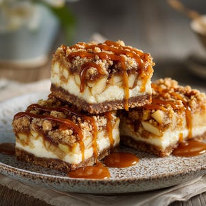 May include: Three apple crumble cheesecake bars stacked on a plate. The bars have a graham cracker crust, a creamy white filling, and a layer of apple pieces. They are topped with a crumbly streusel and drizzled with caramel sauce.