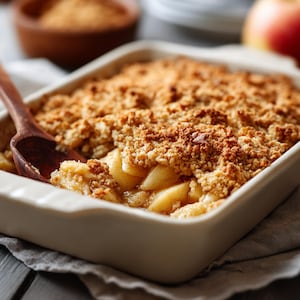 May include: A baked apple crisp dessert in a rectangular white ceramic baking dish. The dessert has a golden brown, crumbly topping and visible apple slices. A wooden spoon rests in the dish, and a bowl of brown sugar is in the background.