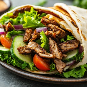 Könnte beinhalten: Nahaufnahme eines Gyro-Wraps gefüllt mit Fleisch, Salat, Tomaten, roten Zwiebeln und Gurken. Der Wrap befindet sich auf einem braunen Teller. Das Fladenbrot ist leicht getoastet und um die Zutaten gefaltet.