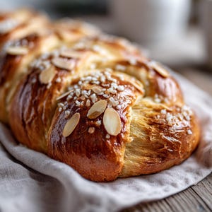 May include: A golden-brown braided loaf of bread, topped with sliced almonds and coarse sugar crystals. The bread has a glossy finish and sits on a light-colored linen cloth, suggesting a bakery or homemade treat.