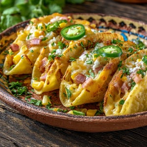 May include: Four golden-brown tacos filled with corn, ham, and cheese, garnished with fresh coriander and jalapeño slices. The tacos are on a rustic, patterned plate, set against a wooden table. A delicious meal.