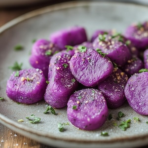May include: A plate of purple gnocchi, garnished with herbs and seasonings. The gnocchi are a vivid purple colour and are served on a speckled grey plate. A close-up shot highlights the texture and presentation of the dish.