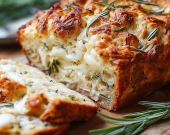 May include: A loaf of freshly baked bread with visible cheese and rosemary. The bread is sliced, revealing the interior with melted cheese and herbs. The crust is golden brown, and sprigs of rosemary are scattered around the loaf on a wooden cutting board.