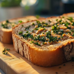 Könnte beinhalten: Nahaufnahme von zwei Scheiben Toastbrot, belegt mit einem Aufstrich und frischen grünen Kräutern. Das Brot liegt auf einem Holzschneidebrett, wobei das Sonnenlicht die Texturen und Farben des Essens hervorhebt.