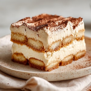May include: A slice of tiramisu cake on a beige plate. The dessert features layers of ladyfingers, creamy filling, and a dusting of cocoa powder. The cake is presented on a neutral-toned plate, with a soft cloth underneath.