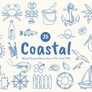 Coastal Summer Hand Drawn Clipart. Beach Nautical Line Icons in SVG and PNG. Perfect Ocean themed Illustrations.