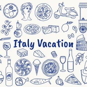 May include: Blue line art illustrations with an "Italy Vacation" theme. The image features a scooter, Colosseum, food items like pizza and pasta, lemons, wine, and a woman in a dress. Includes the text "Italy Vacation".