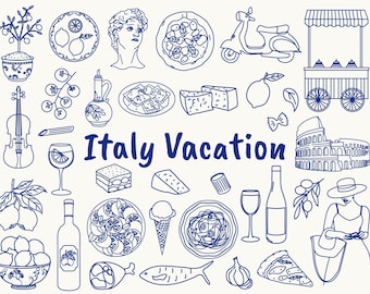 Imágenes prediseñadas de garabatos de vacaciones en Italia: iconos italianos dibujados a mano (archivos PNG y SVG)
