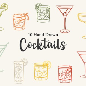 10 Handgezeichnete Cocktail Clipart | Klassische Mixgetränkegläser | Cocktail Illustrationen | PNG und SVG für die digitale Verwendung