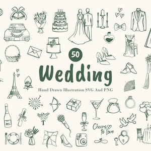Pacote de Cliparts SVG PNG de Casamento | Rabiscos de Casamento Desenhados à Mão | Perfeito para Convites de Casamento, Cronograma, Save the Date, Chá de Panela