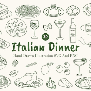 Italian Dinner Food Clipart Bundle. Hand-Drawn Italy Illustration with Food & Drink. Mediterranean Cuisine SVG for Menus, Cards, invites