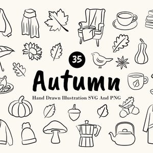 Peut inclure: Ensemble d'illustrations en noir et blanc sur le thème de l'automne. On y trouve un cardigan, une écharpe, une feuille d'érable, un fauteuil, une tasse à thé, des livres, et d'autres éléments. Le mot "Autumn" est écrit, ainsi que "Hand Drawn Illustration SVG And PNG".