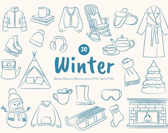 Winter Doodle Clipart. Cozy Winter SVG Bundle. Hand Drawn Line Art