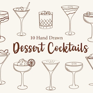 Dessert Cocktail Clipart | 10 gribouillis de boissons dessinés à la main | Illustrations de verres à cocktail PNG et SVG pour menu, décoration de fête, toile et Cricut