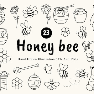 Może przedstawiać: Czarno-białe ilustracje pszczół, słoików miodu, plastrów miodu, kwiatów i niedźwiedzia. Tekst "Honey bee" jest wyraźnie widoczny, wraz z "Hand Drawn Illustration SVG And PNG".