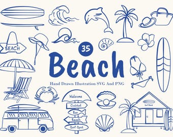 Beach Doodle Clipart Bundle: Handgezeichnetes Küstenlandschaft in SVG und PNG