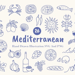 Hand Drawn Mediterranean SVG PNG Bundle | Coastal Food & Summer Elements | Digital Illustrations for Crafts, Prints and Design