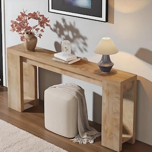 Farmhouse wood console table sofa table narrow entryway side table for living room, hallway, entryway, foyer, light oak brown