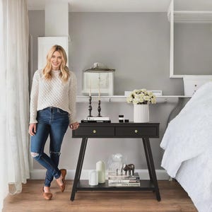 Black narrow console table with shelves – modern wood entryway or sofa table for living room
