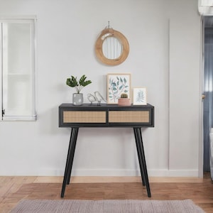 Narrow boho console table – rattan accent dresser for entryway, living room or hallway