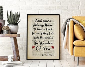 Elvis Presley Song Lyric Canvas, The Wonder Of You Posters, Anniversary Gift For Wife, Wedding Song Art Print, Romantic Quote For Husband