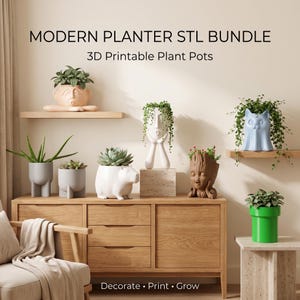 May include: A collection of various 3D printable plant pots labelled MODERN PLANTER STL BUNDLE and 3D Printable Plant Pots. The planters include human-like faces, a capybara, a tree-like figure, a cat, and a green pipe, all holding green plants.