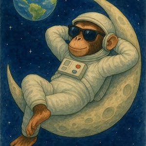 Space Monkey Wall Art – Watercolor Monkey on Moon Print, Cute Animal Space Decor, Outer Space Nursery Art, Digital Download