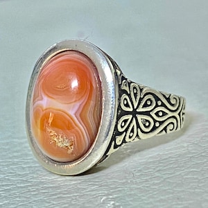 Men’s Handmade Ring with Natural Red Agate Aqeeq Stone | 925 Sterling Silver Bold Statement Luxury Jewelry Gift for Him