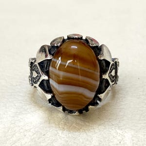 Handmade Sterling Silver Yemeni Agate Ring: Bold Mens Statement Jewelry