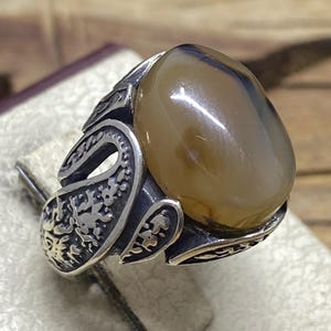 Mens Agate Ottoman Ring: Handmade 925 Sterling Silver, Yemeni Aqeeq