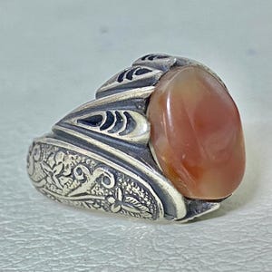 Handmade Heavy Men’s Ring 23.8g with Yemeni Red Agate | 925 Sterling Silver Engraved Bold Statement Ring | Unique Gift for Him
