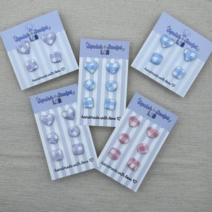 Pastel Gingham Stud Earring Sets | Lightweight Polymer Clay Jewelry | Hypoallergenic | Heart, Circles, and Squares