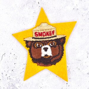 Vintage Smokey Bear Patch • Sheriff Star Forest Fire Prevention Mascot • Iron-On NOS