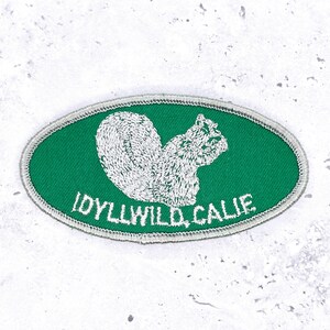 May include: An oval-shaped patch with a green background and a white embroidered squirrel. The patch has a silver border and the words "IDYLLWILD, CALIE" are embroidered below the squirrel.